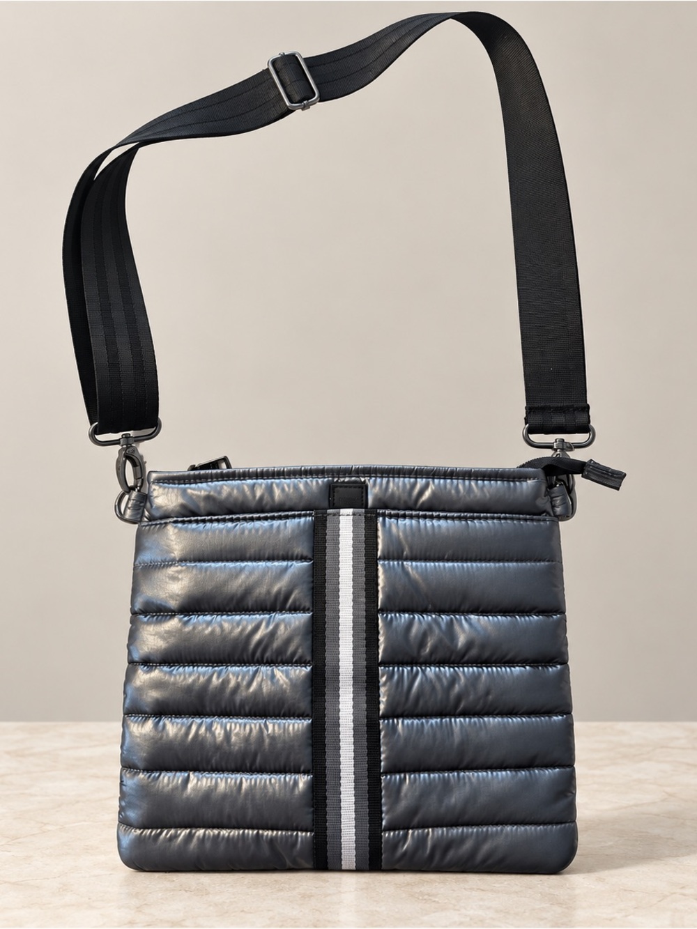 NWT Think Royln Metallic Puffer Crossbody Bag Striped Strap